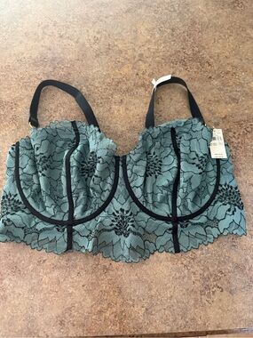 aerie Teal Lace Longline Underwire Bra with Black Trim